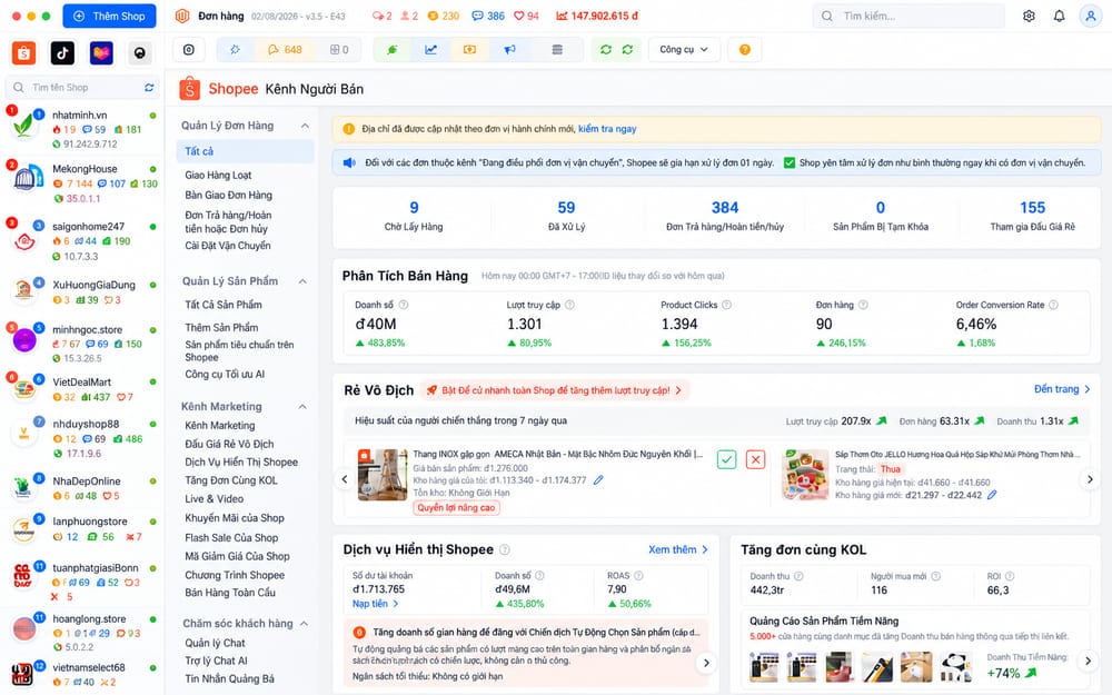 Quản lý nhiều shop trên một màn hình – giao diện Shop Manager