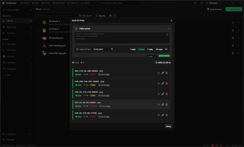 Quản lý danh sách proxy – giao diện OmiBrowser