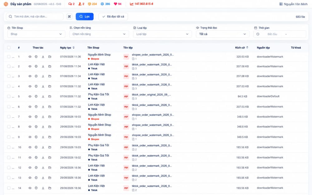 Lịch sử file in – giao diện Shop Manager