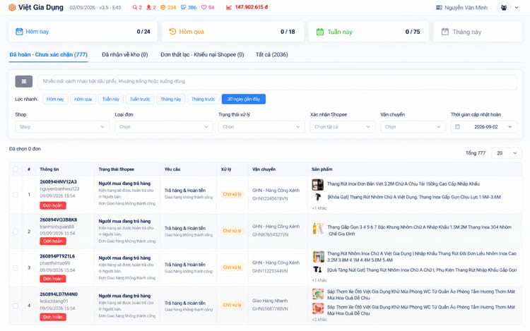 Đơn hoàn và đơn lỗi – màn hình Shop Manager