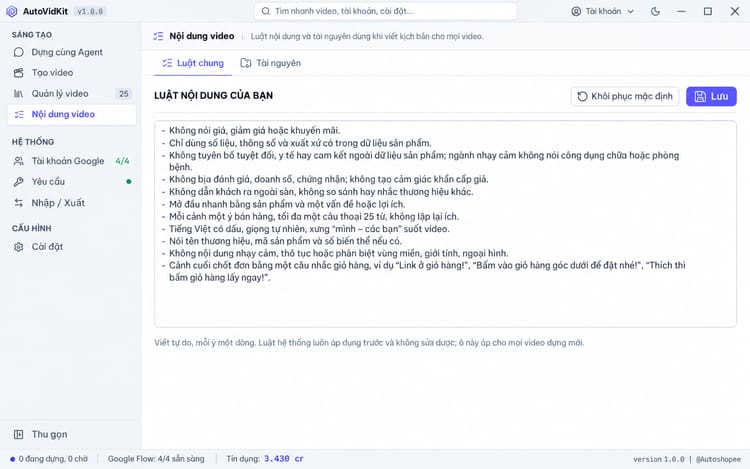 Luật nội dung – màn hình AutoVidKit