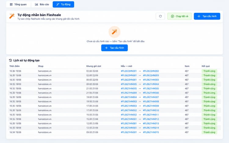 Flash Sale tự động – màn hình Shop Manager