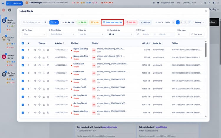 Tạo phiếu soạn hàng từ file in – màn hình Shop Manager